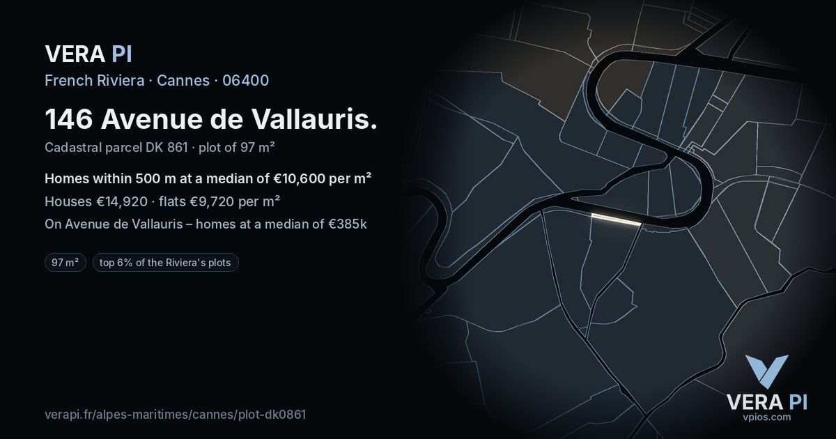 146 Avenue de Vallauris, Cannes at night – the plot lit, the parcels around coloured by the prices near them