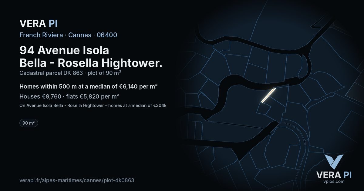 94 Avenue Isola Bella - Rosella Hightower, Cannes at night – the plot lit, the parcels around coloured by the prices near them