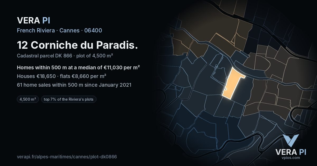 12 Corniche du Paradis, Cannes at night – the plot lit, the parcels around coloured by the prices near them