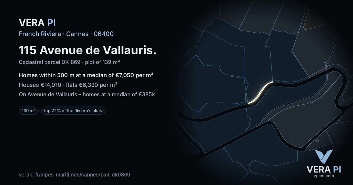 115 Avenue de Vallauris, Cannes at night – the plot lit, the parcels around coloured by the prices near them