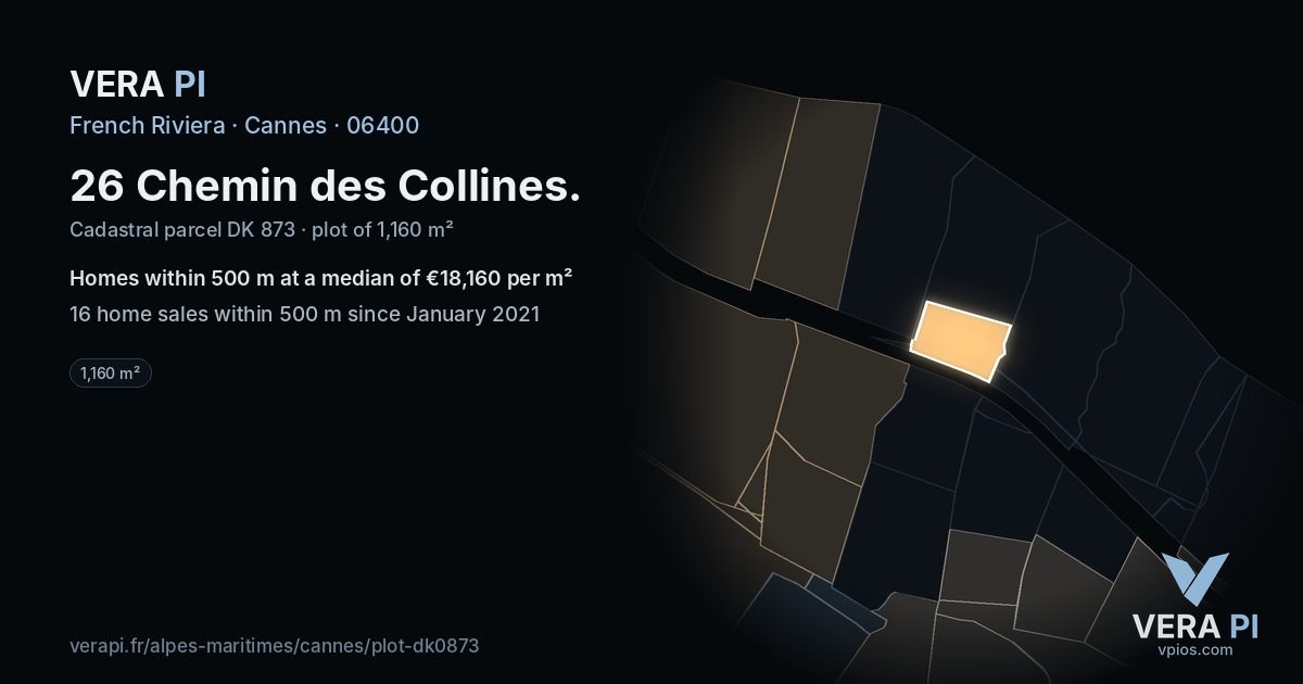 26 Chemin des Collines, Cannes at night – the plot lit, the parcels around coloured by the prices near them