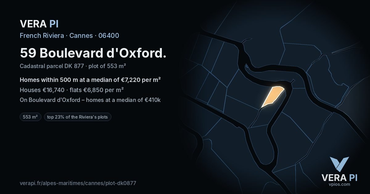 59 Boulevard d'Oxford, Cannes at night – the plot lit, the parcels around coloured by the prices near them