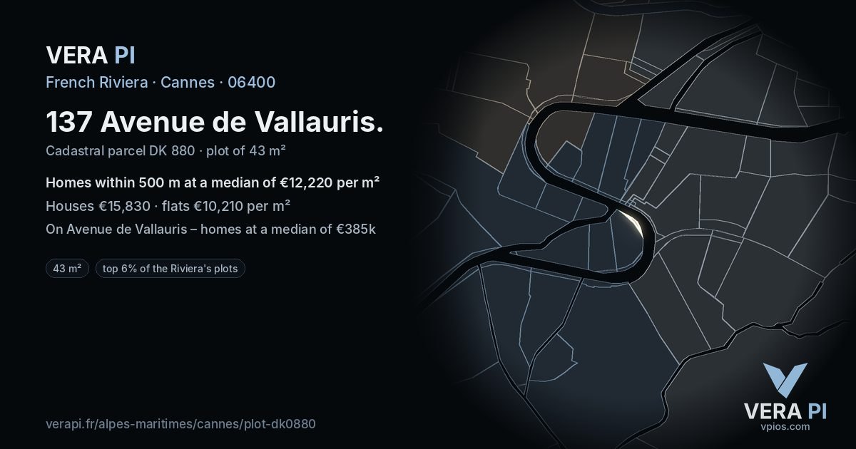 137 Avenue de Vallauris, Cannes at night – the plot lit, the parcels around coloured by the prices near them