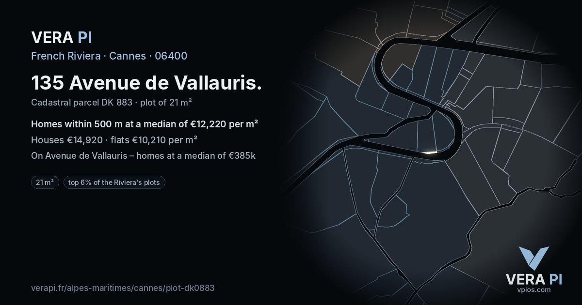 135 Avenue de Vallauris, Cannes at night – the plot lit, the parcels around coloured by the prices near them