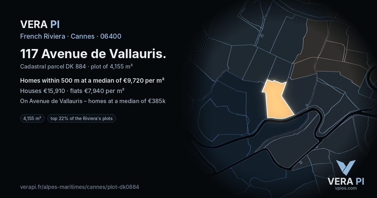 117 Avenue de Vallauris, Cannes at night – the plot lit, the parcels around coloured by the prices near them