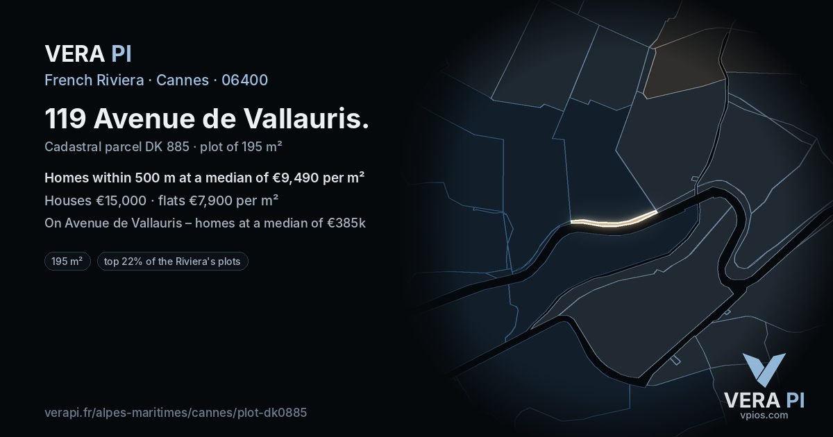 119 Avenue de Vallauris, Cannes at night – the plot lit, the parcels around coloured by the prices near them