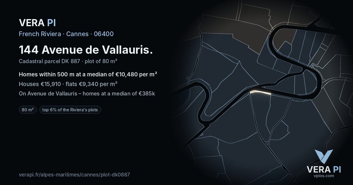 144 Avenue de Vallauris, Cannes at night – the plot lit, the parcels around coloured by the prices near them