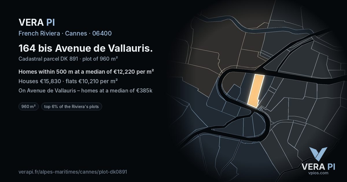164 bis Avenue de Vallauris, Cannes at night – the plot lit, the parcels around coloured by the prices near them