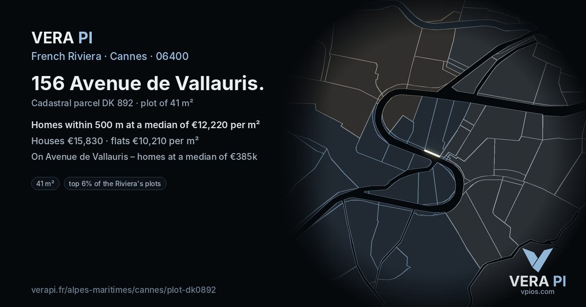 156 Avenue de Vallauris, Cannes at night – the plot lit, the parcels around coloured by the prices near them
