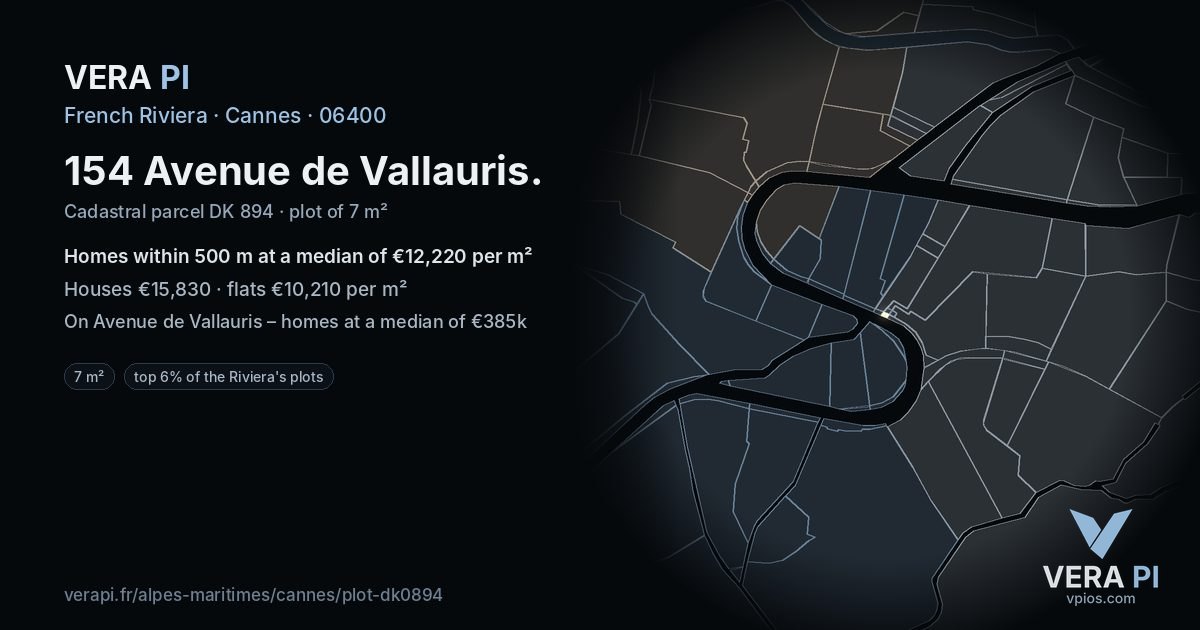 154 Avenue de Vallauris, Cannes at night – the plot lit, the parcels around coloured by the prices near them