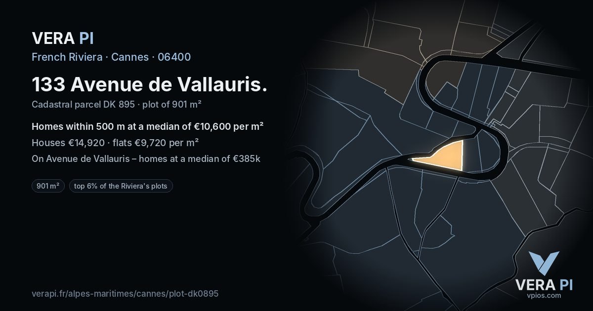 133 Avenue de Vallauris, Cannes at night – the plot lit, the parcels around coloured by the prices near them