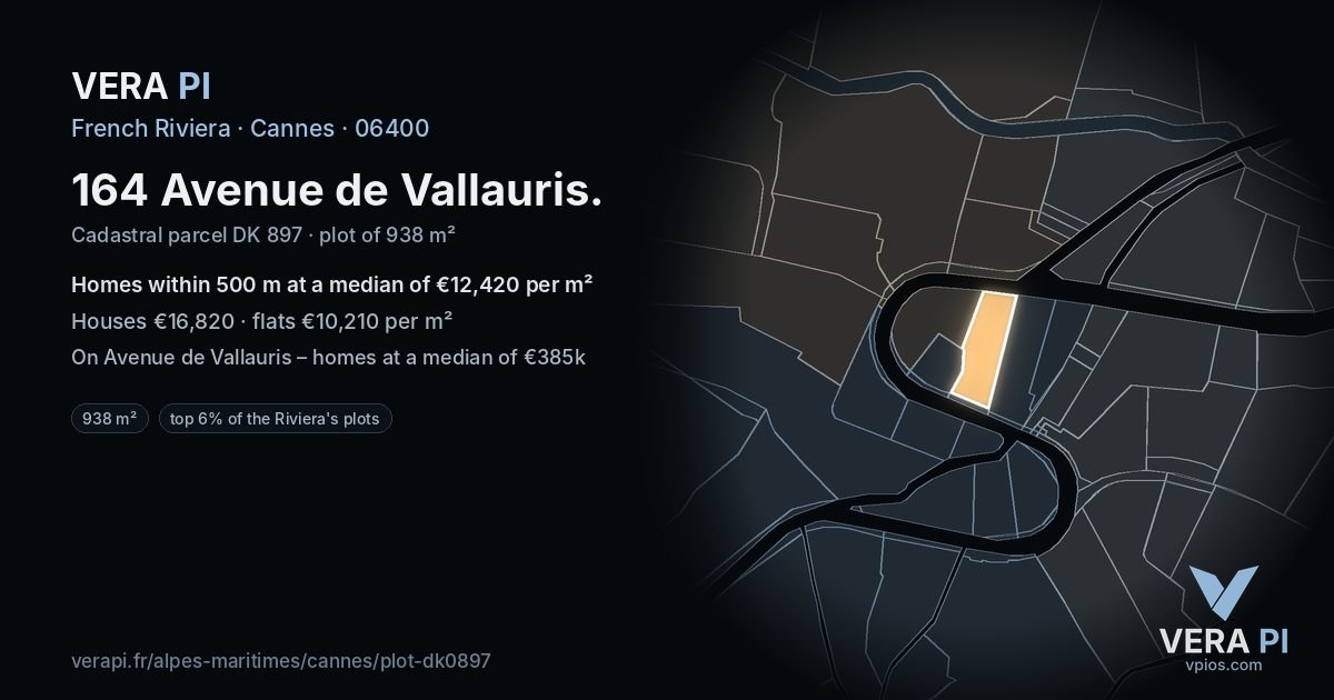164 Avenue de Vallauris, Cannes at night – the plot lit, the parcels around coloured by the prices near them