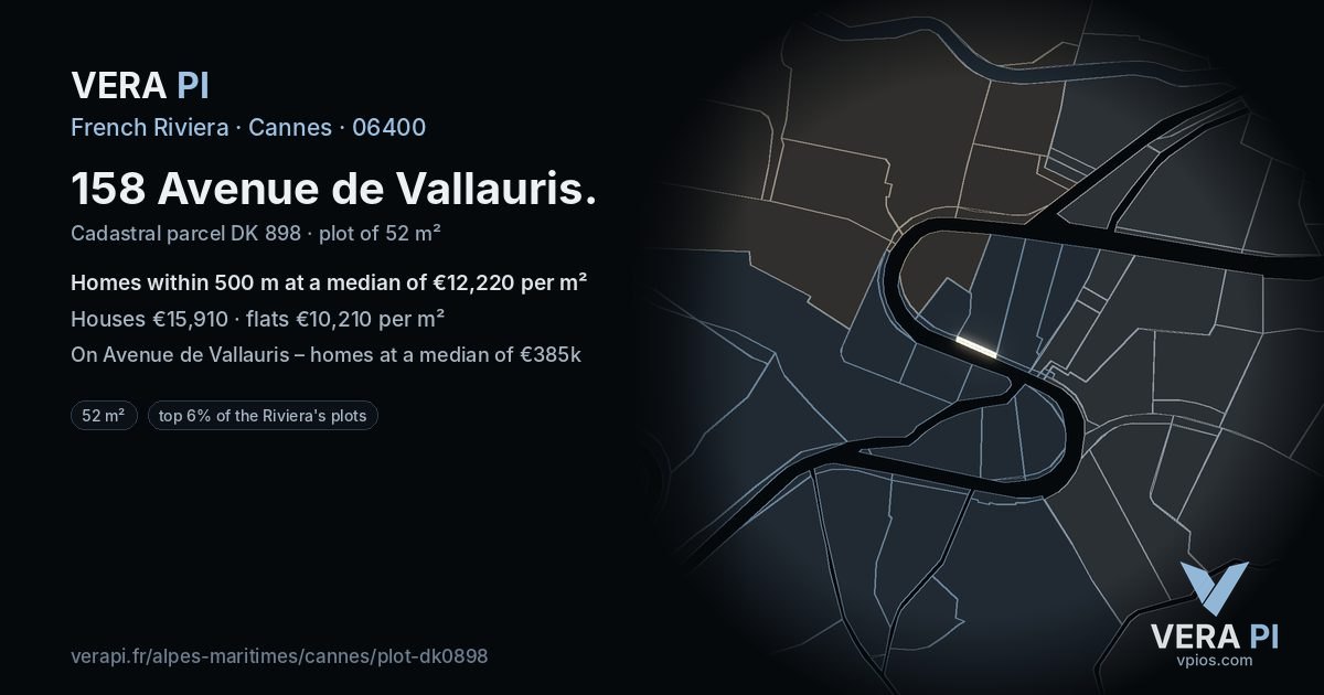158 Avenue de Vallauris, Cannes at night – the plot lit, the parcels around coloured by the prices near them