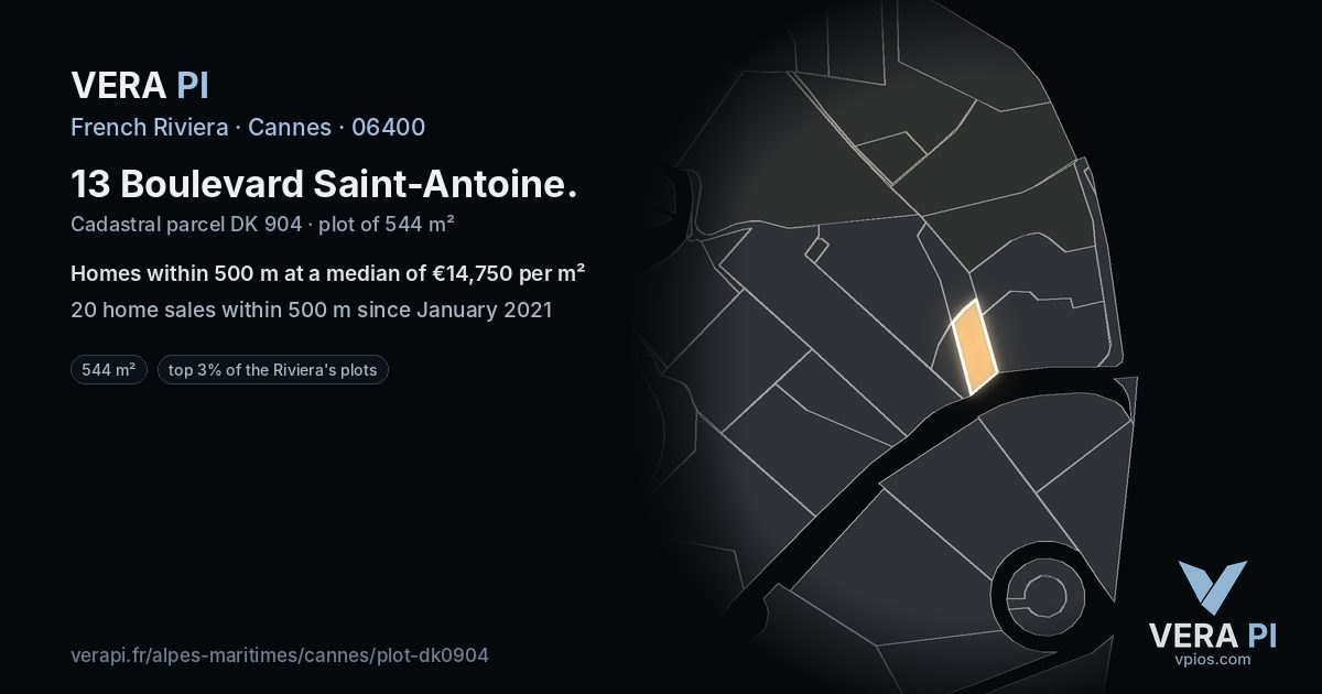 13 Boulevard Saint-Antoine, Cannes at night – the plot lit, the parcels around coloured by the prices near them