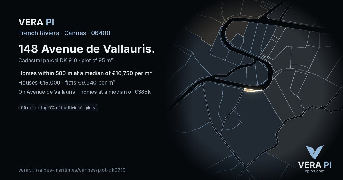 148 Avenue de Vallauris, Cannes at night – the plot lit, the parcels around coloured by the prices near them