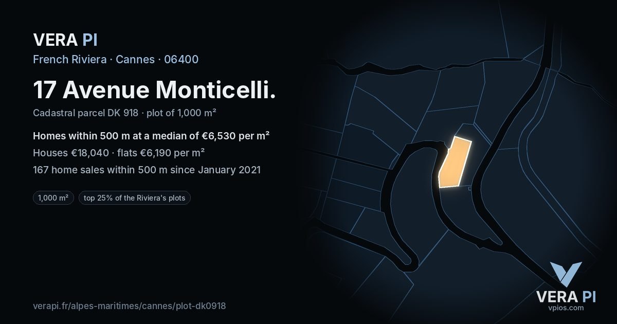 17 Avenue Monticelli, Cannes at night – the plot lit, the parcels around coloured by the prices near them