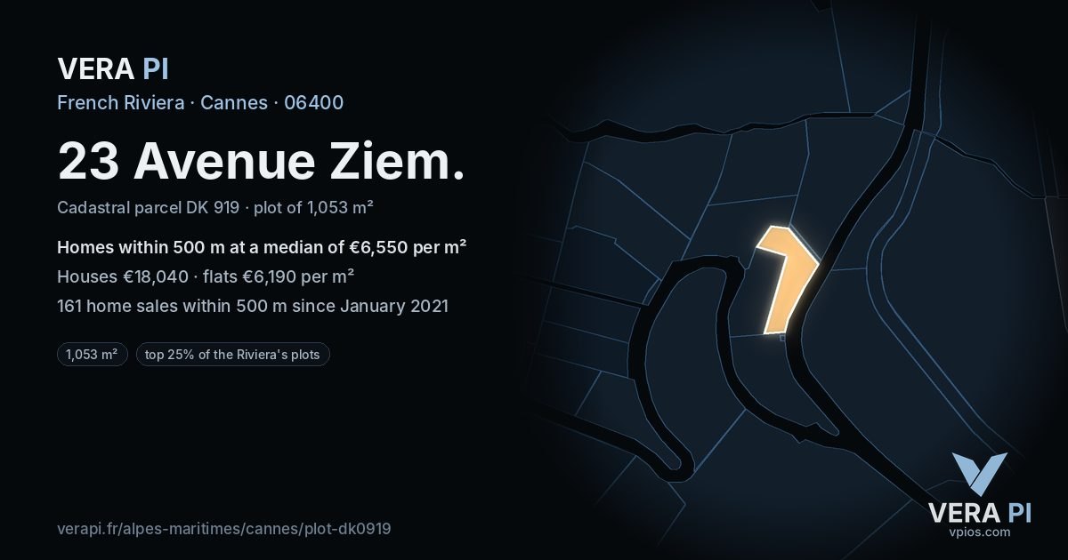 23 Avenue Ziem, Cannes at night – the plot lit, the parcels around coloured by the prices near them
