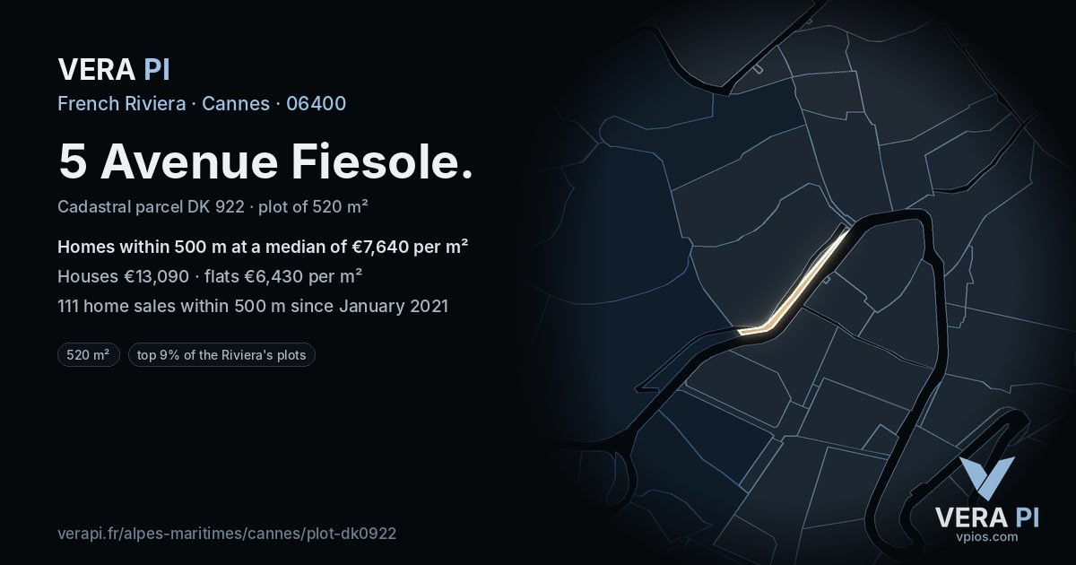 5 Avenue Fiesole, Cannes at night – the plot lit, the parcels around coloured by the prices near them