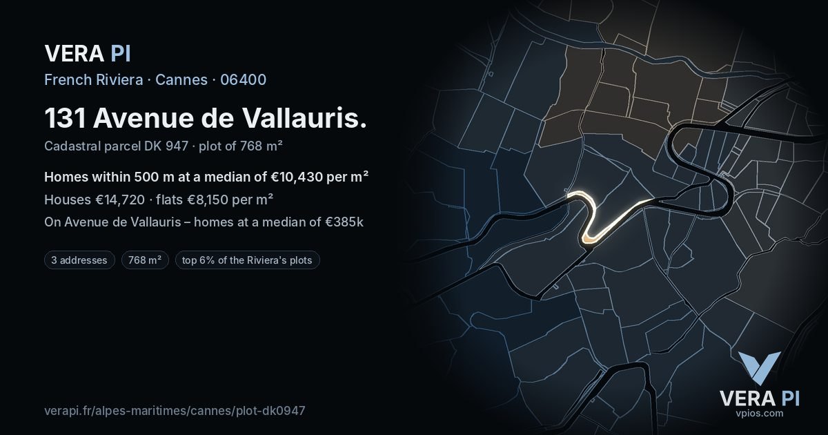 131 Avenue de Vallauris, Cannes at night – the plot lit, the parcels around coloured by the prices near them
