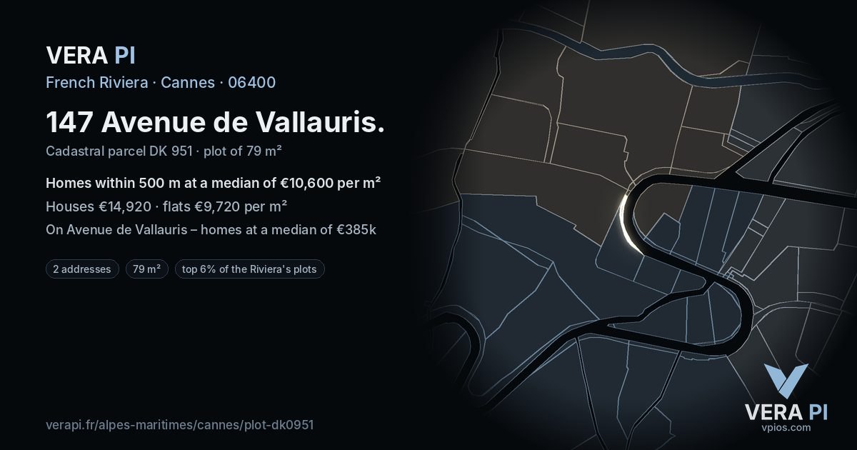 147 Avenue de Vallauris, Cannes at night – the plot lit, the parcels around coloured by the prices near them