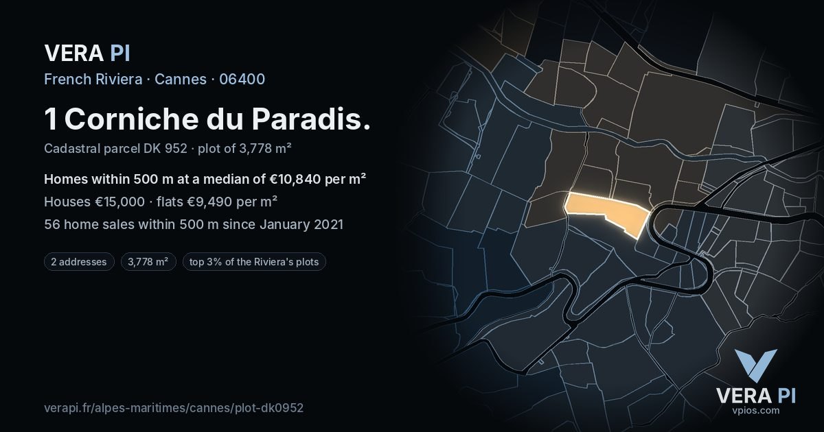 1 Corniche du Paradis, Cannes at night – the plot lit, the parcels around coloured by the prices near them
