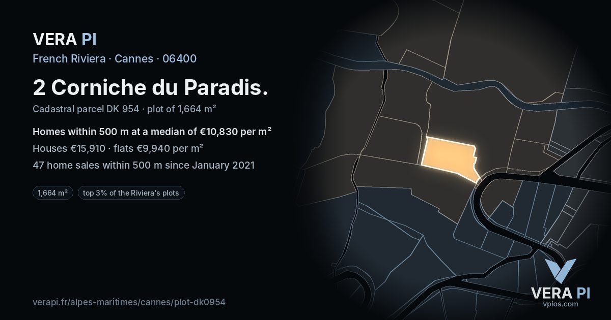 2 Corniche du Paradis, Cannes at night – the plot lit, the parcels around coloured by the prices near them