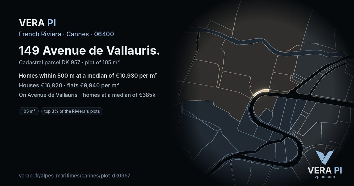 149 Avenue de Vallauris, Cannes at night – the plot lit, the parcels around coloured by the prices near them
