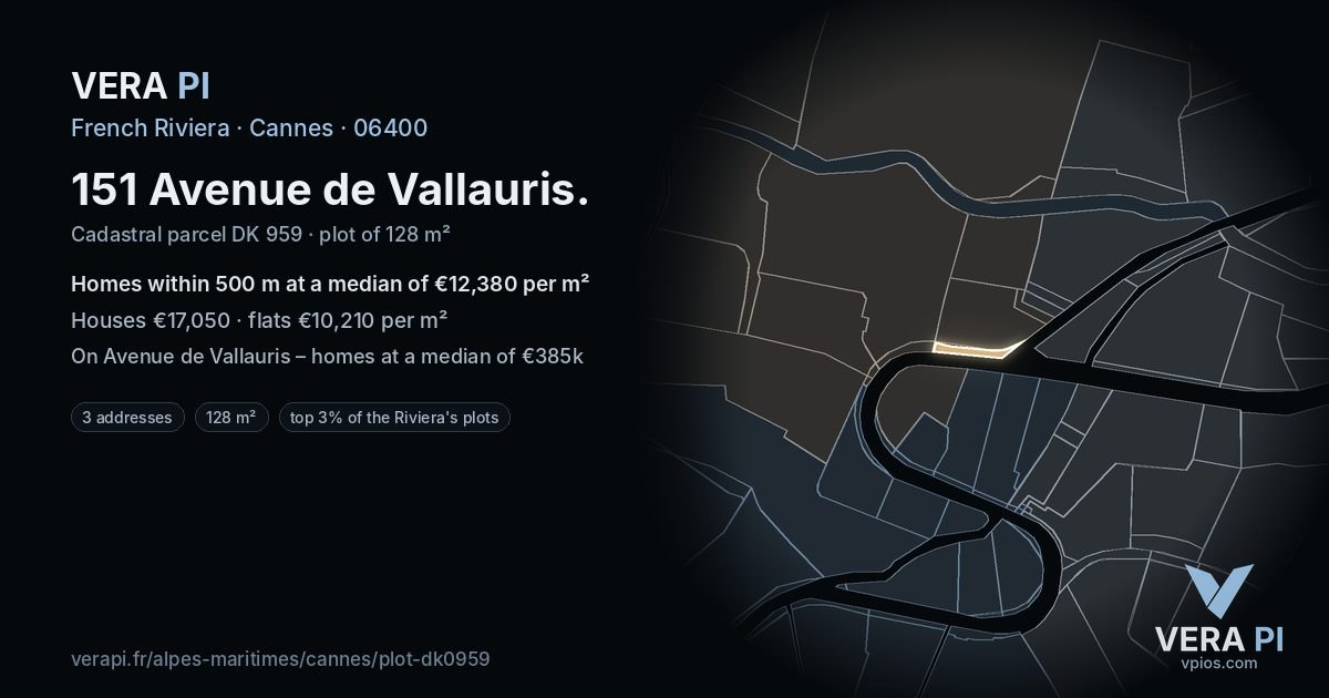 151 Avenue de Vallauris, Cannes at night – the plot lit, the parcels around coloured by the prices near them