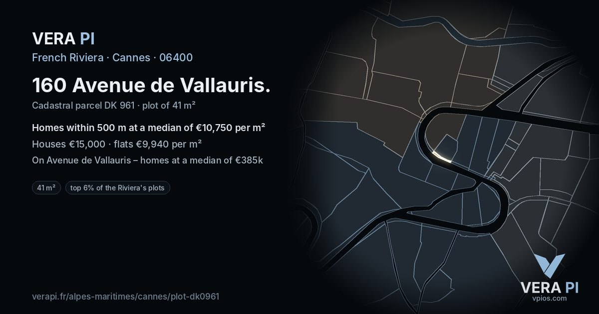 160 Avenue de Vallauris, Cannes at night – the plot lit, the parcels around coloured by the prices near them
