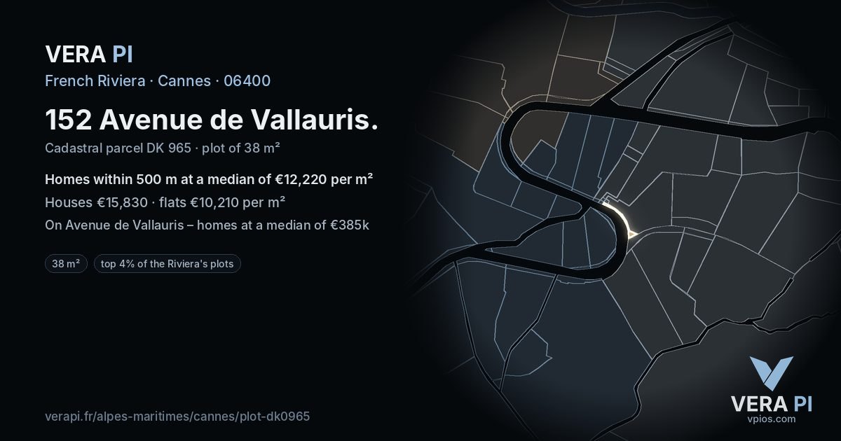 152 Avenue de Vallauris, Cannes at night – the plot lit, the parcels around coloured by the prices near them