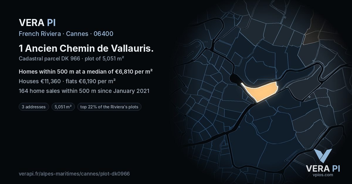 1 Ancien Chemin de Vallauris, Cannes at night – the plot lit, the parcels around coloured by the prices near them