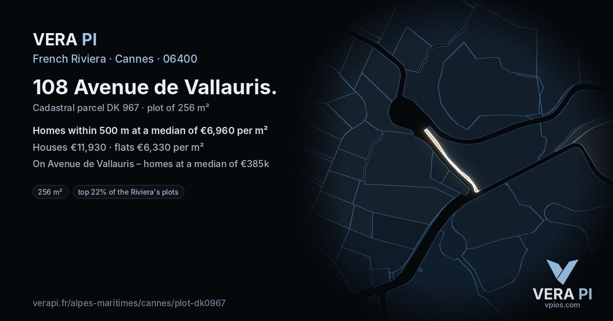 108 Avenue de Vallauris, Cannes at night – the plot lit, the parcels around coloured by the prices near them
