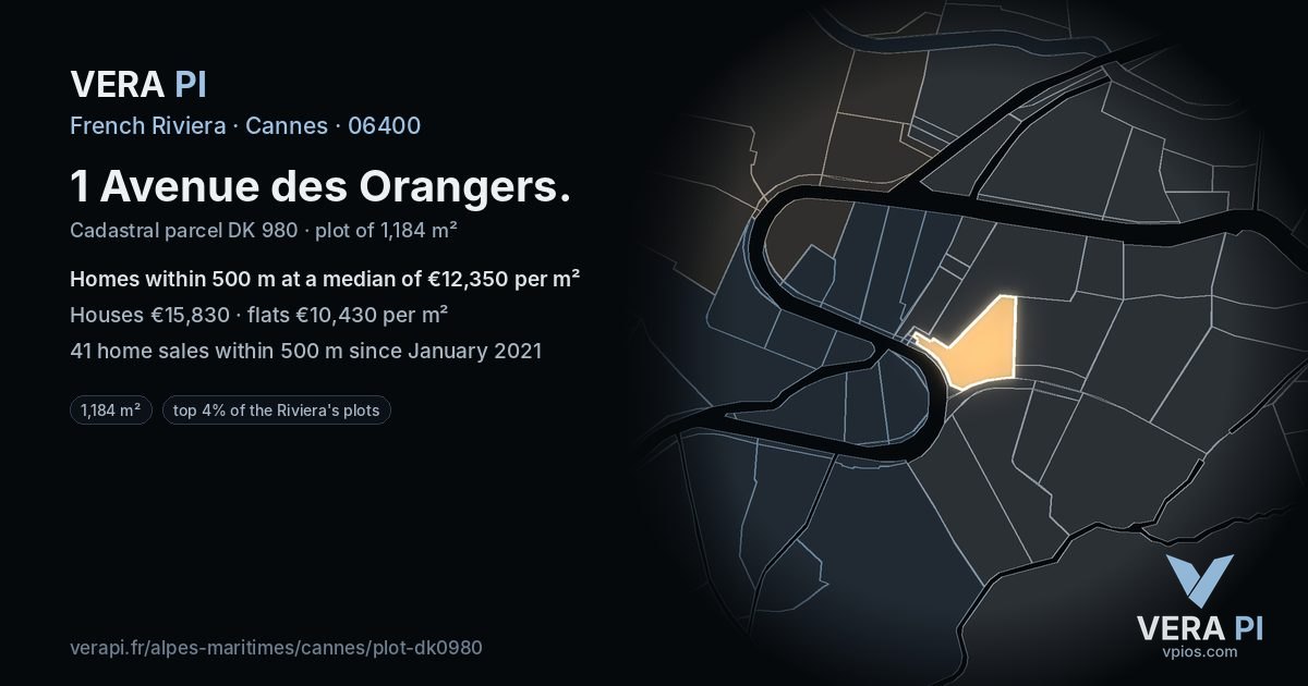 1 Avenue des Orangers, Cannes at night – the plot lit, the parcels around coloured by the prices near them