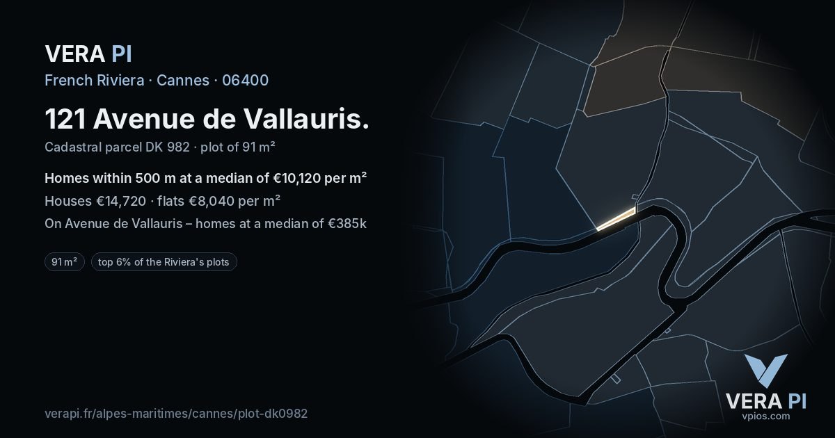 121 Avenue de Vallauris, Cannes at night – the plot lit, the parcels around coloured by the prices near them