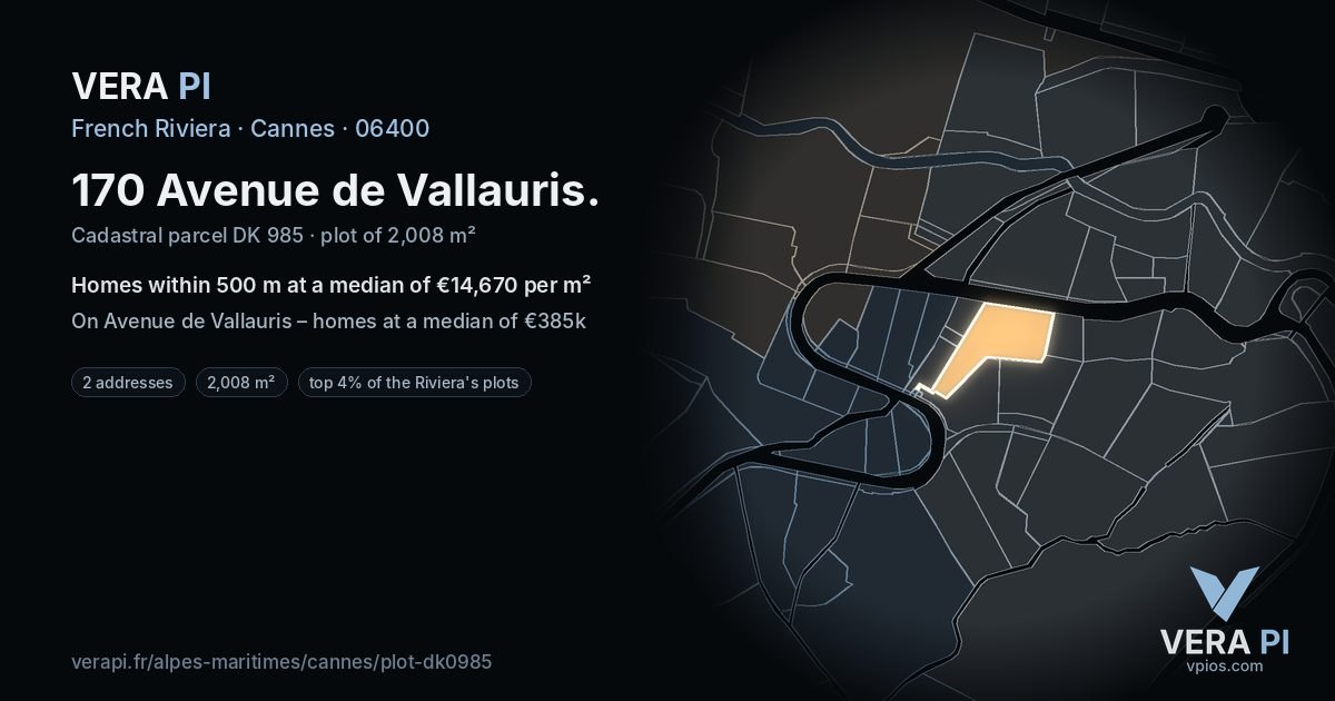 170 Avenue de Vallauris, Cannes at night – the plot lit, the parcels around coloured by the prices near them
