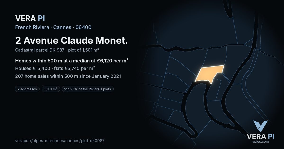 2 Avenue Claude Monet, Cannes at night – the plot lit, the parcels around coloured by the prices near them