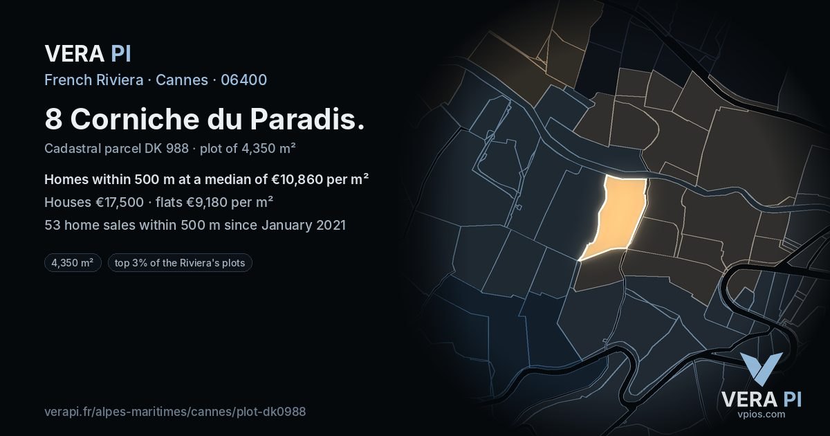 8 Corniche du Paradis, Cannes at night – the plot lit, the parcels around coloured by the prices near them