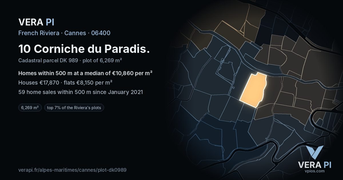 10 Corniche du Paradis, Cannes at night – the plot lit, the parcels around coloured by the prices near them