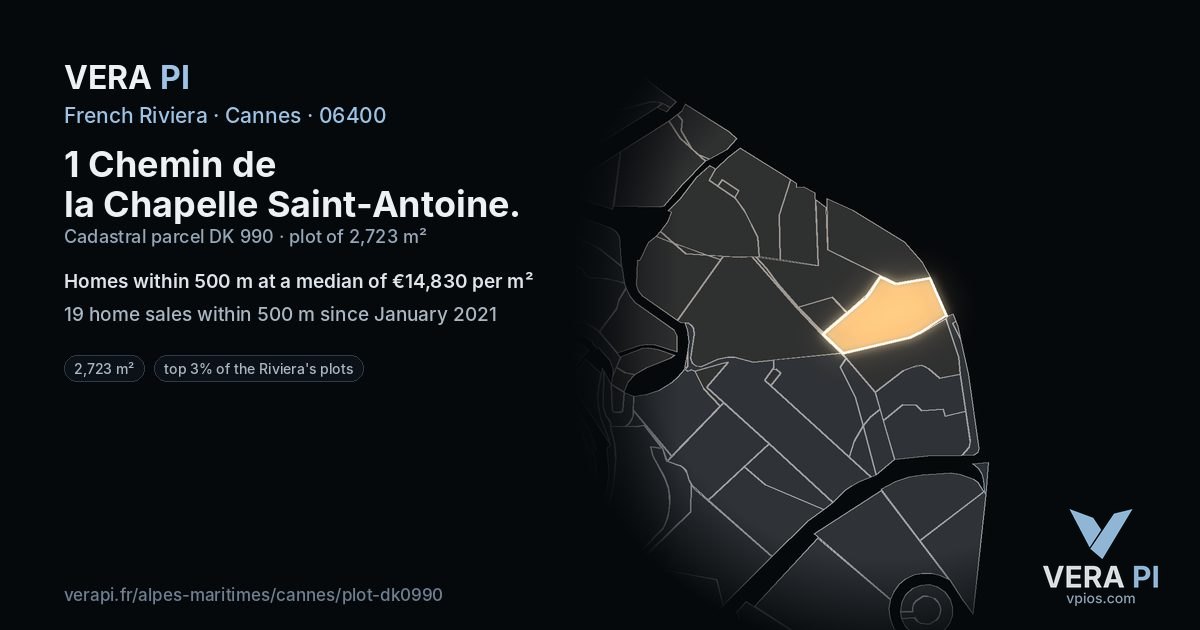 1 Chemin de la Chapelle Saint-Antoine, Cannes at night – the plot lit, the parcels around coloured by the prices near them