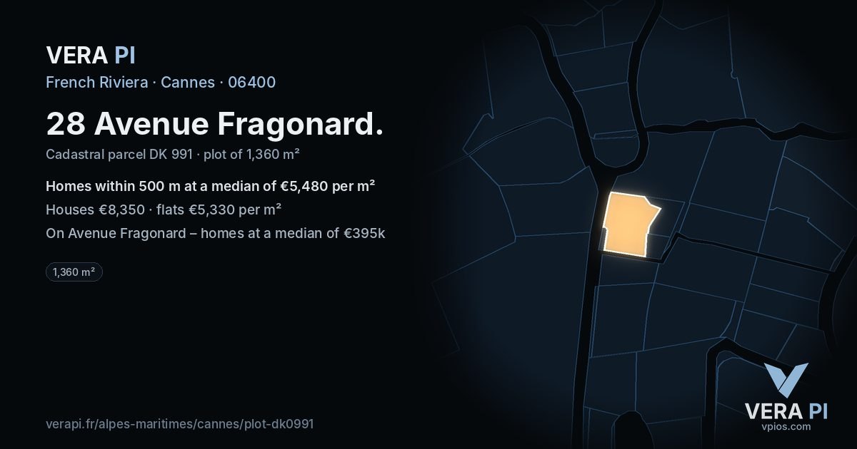 28 Avenue Fragonard, Cannes at night – the plot lit, the parcels around coloured by the prices near them