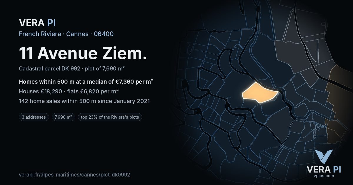 11 Avenue Ziem, Cannes at night – the plot lit, the parcels around coloured by the prices near them
