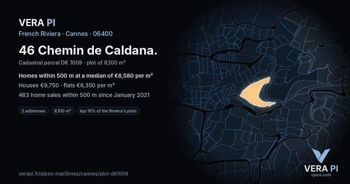 46 Chemin de Caldana, Cannes at night – the plot lit, the parcels around coloured by the prices near them
