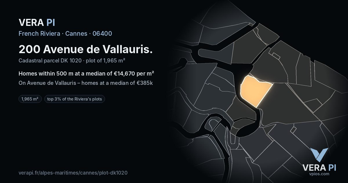 200 Avenue de Vallauris, Cannes at night – the plot lit, the parcels around coloured by the prices near them