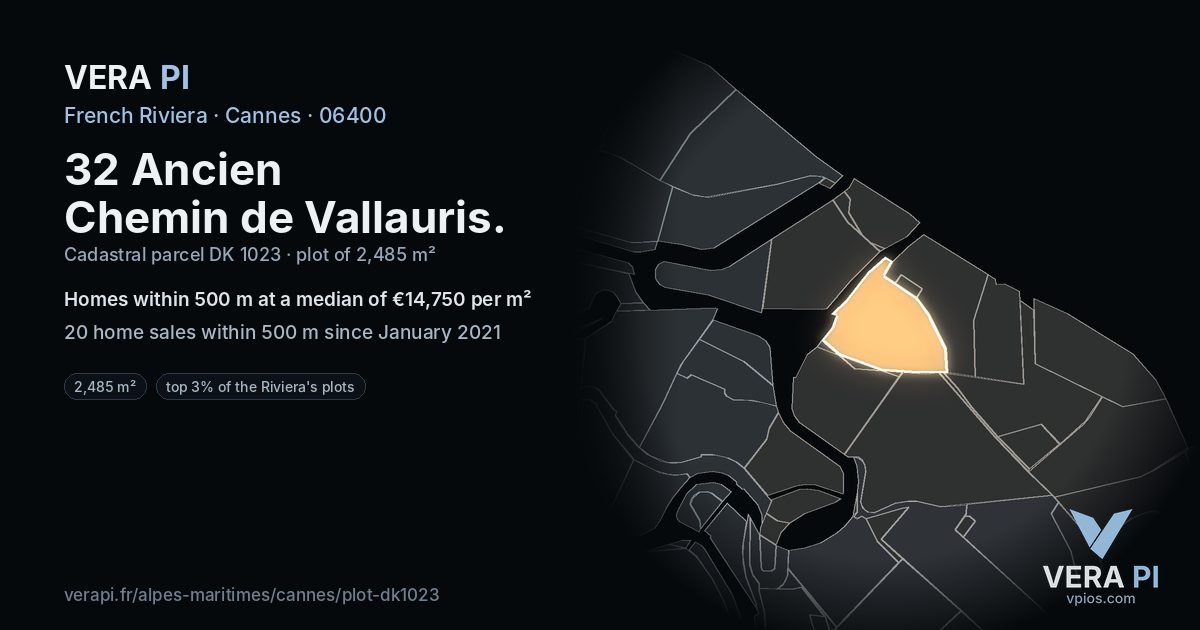 32 Ancien Chemin de Vallauris, Cannes at night – the plot lit, the parcels around coloured by the prices near them