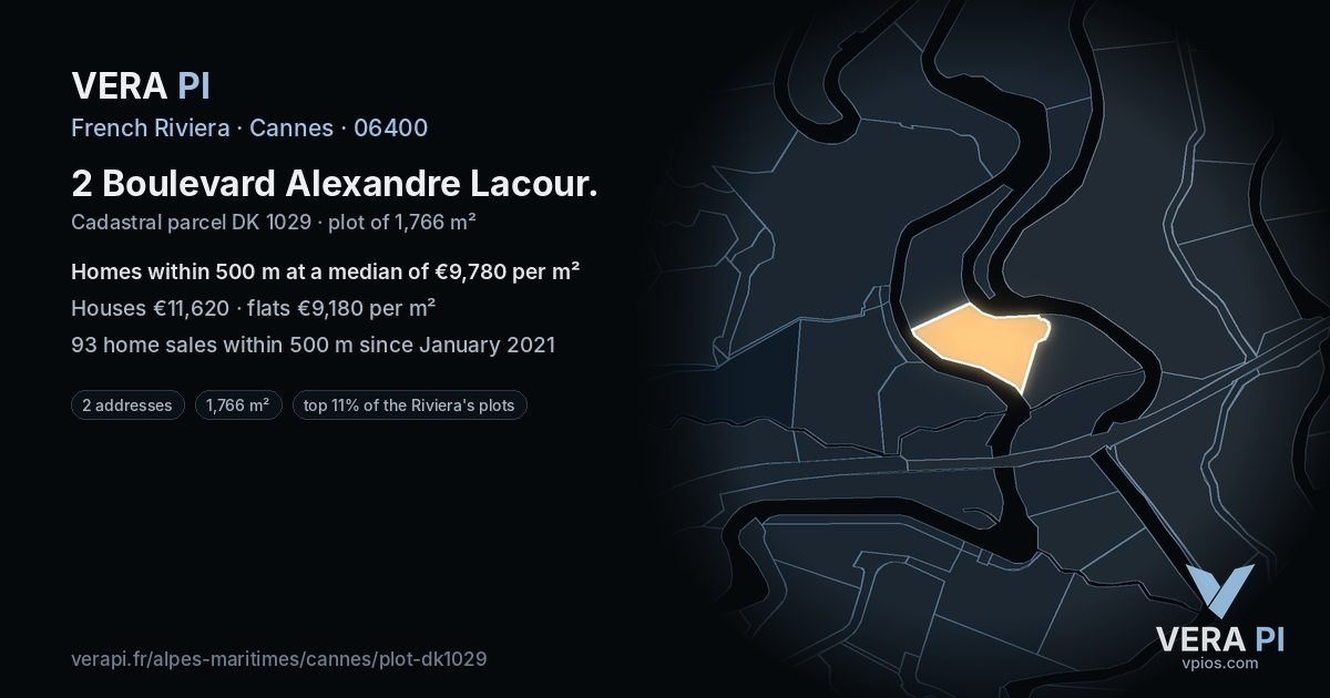 2 Boulevard Alexandre Lacour, Cannes at night – the plot lit, the parcels around coloured by the prices near them