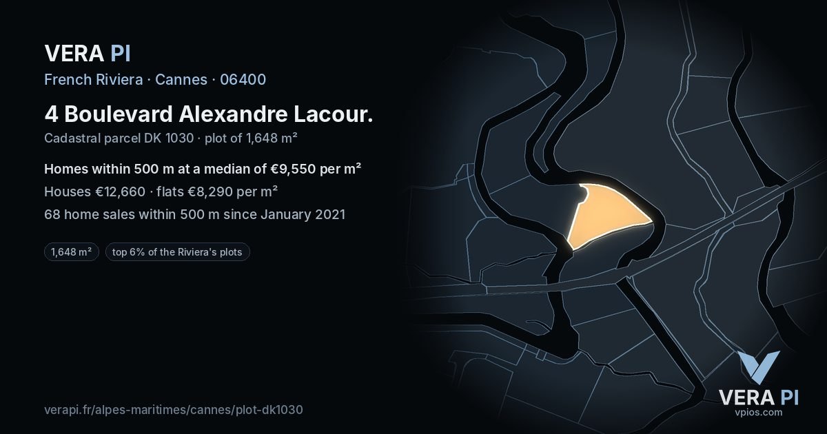 4 Boulevard Alexandre Lacour, Cannes at night – the plot lit, the parcels around coloured by the prices near them