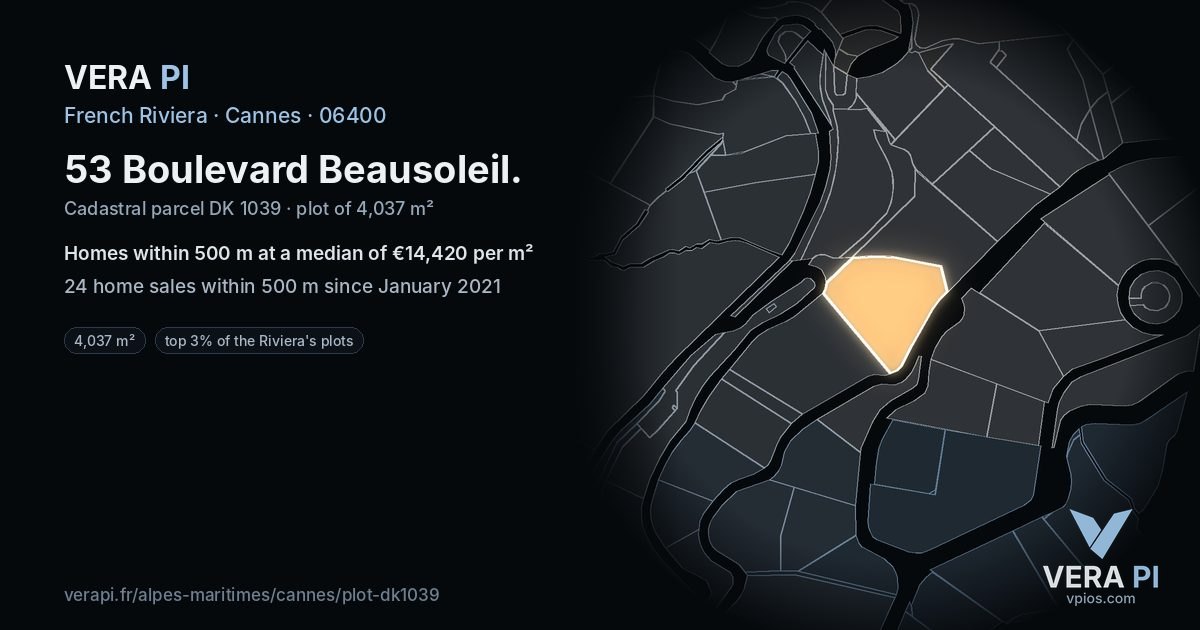 53 Boulevard Beausoleil, Cannes at night – the plot lit, the parcels around coloured by the prices near them