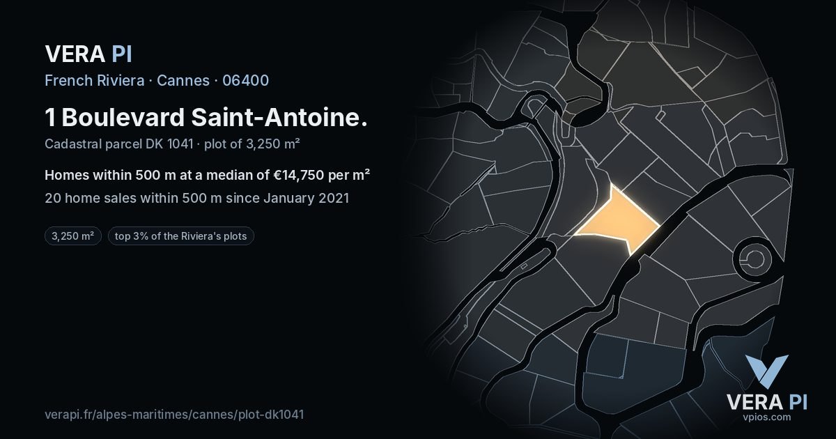 1 Boulevard Saint-Antoine, Cannes at night – the plot lit, the parcels around coloured by the prices near them
