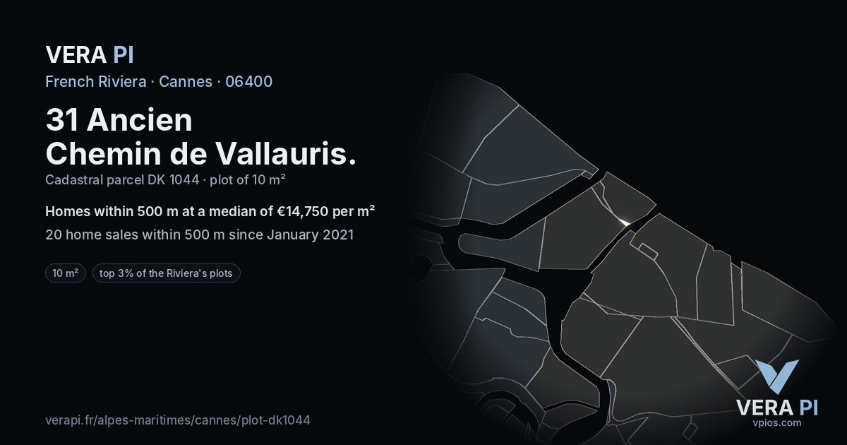 31 Ancien Chemin de Vallauris, Cannes at night – the plot lit, the parcels around coloured by the prices near them
