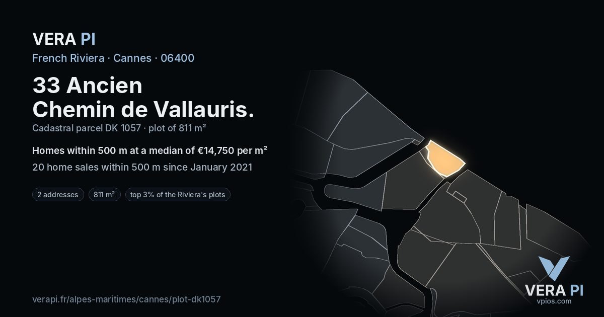 33 Ancien Chemin de Vallauris, Cannes at night – the plot lit, the parcels around coloured by the prices near them